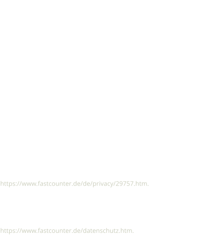 Unsere Website verwendet den Besucherzähler Fastcounter. Betreiber von Fastcounter ist der DirectUpload Limited, Unit 308, 3/F, Chevalier House, 45-51 Chatham Road South, Tsimshatsui, Kowloon, Hong Kong. Fastcounter ist ein kostenloser Besucherzähler, welcher die Besucher und Seitenaufrufe auf dieser Internetseite analysiert und auswertet. Dabei werden IP-Adresse, Datum und Uhrzeit der Anfrage, Browsertyp, Browsersprache, Bildschirmauflösung, Referrer und Gerätetyp ausgelesen und an den Betreiber von Fastcounter übertragen. Alle Daten werden SSL-verschlüsselt übertragen und selbstverständlich nach den Richtlinien der DSVGO vollständig anonymisiert und ausgewertet. Die IP-Adresse wird während der Übertragung pseudonymisiert, sodass keine personenbezogenen Daten an den Betreiber von Fastcounter übermittelt werden. Der Datenerhebung und -speicherung können Sie jederzeit mit Wirkung für die Zukunft widersprechen. Um einer Datenerhebung und -speicherung Ihrer Besucherdaten für die Zukunft zu widersprechen, können Sie unter nachfolgendem Link ein Opt-Out-Cookie von Fastcounter beziehen, dieser bewirkt, dass zukünftig keine Besucherdaten Ihres Browsers bei Fastcounter erhoben und gespeichert werden:   https://www.fastcounter.de/de/privacy/29757.htm. Dadurch wird ein Opt-Out-Cookie mit dem Namen "privcookie" von Fastcounter gesetzt. Bitte löschen Sie diesen Cookie nicht, solange Sie Ihren Widerspruch aufrecht erhalten möchten. Weitere Informationen finden Sie in den Datenschutzbestimmungen von Fastcounter:  https://www.fastcounter.de/datenschutz.htm.